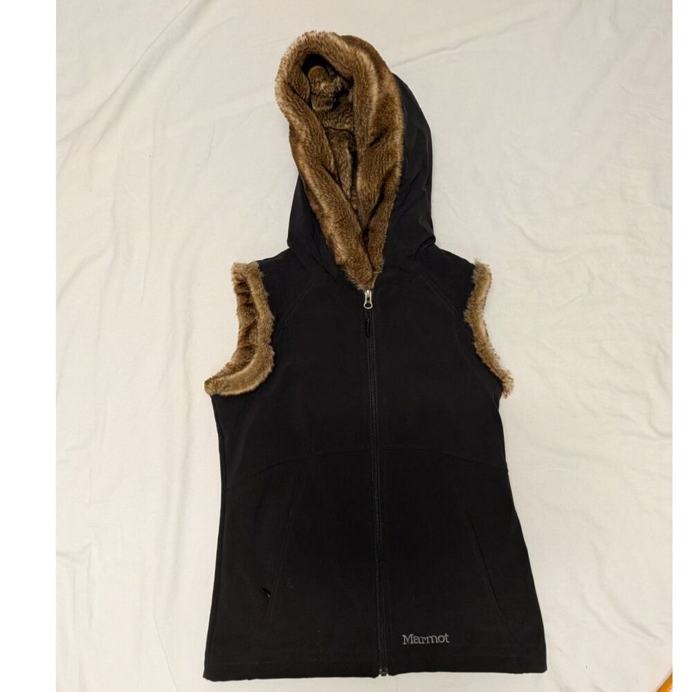 Marmot Women's S Black Softshell Vest Faux Fur Trim Hood Zipper Pockets
